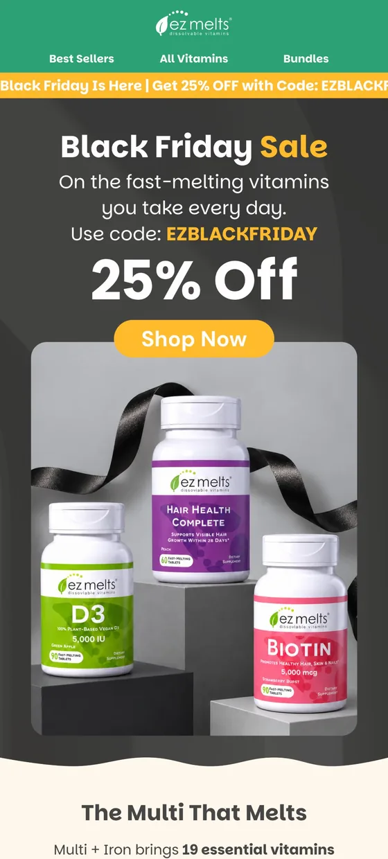 Black Friday email with the headline offer and the best sellers below it