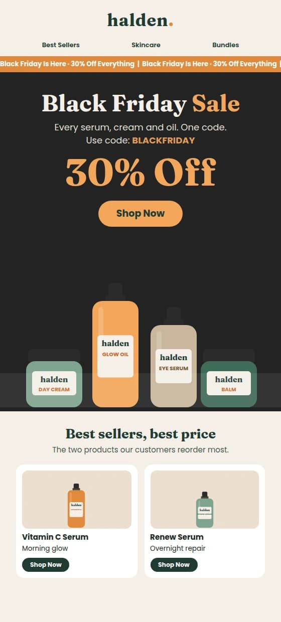 Example Black Friday email with the headline offer and the best sellers below it