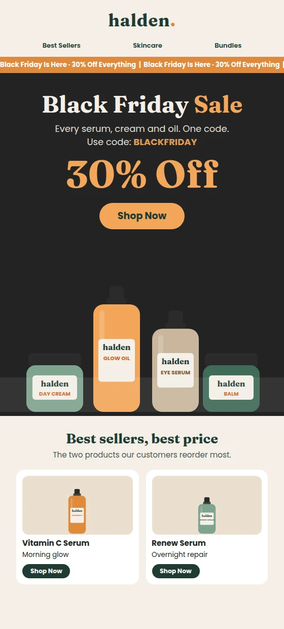 Example Black Friday email with the headline offer and best sellers