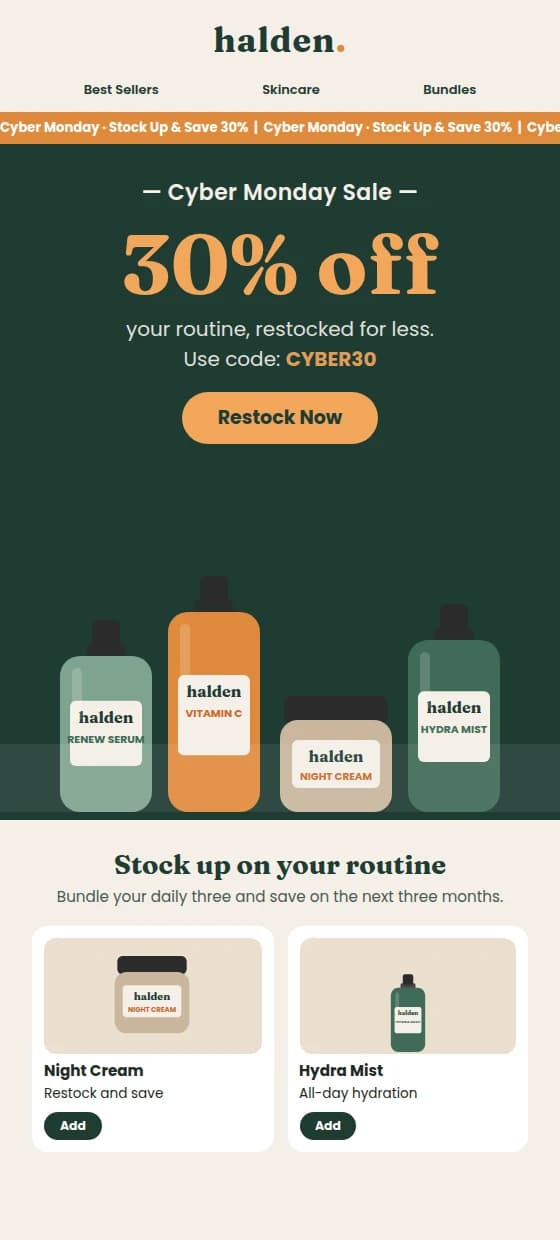 Example Cyber Monday email framed around restocking a routine