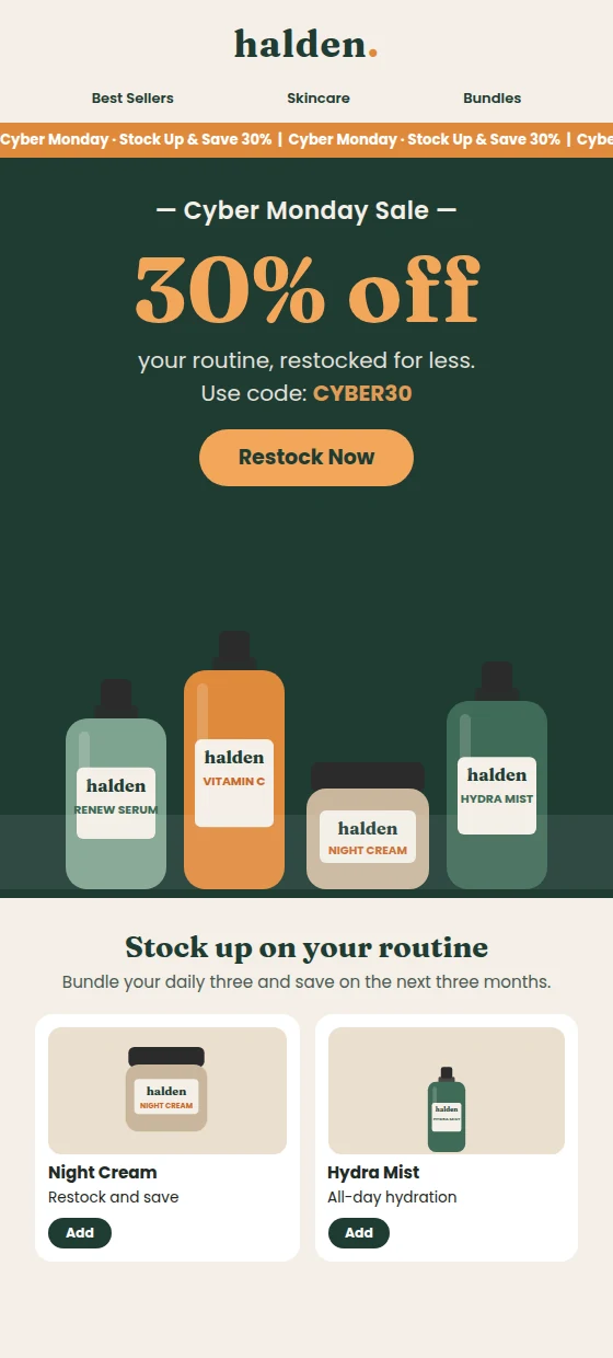Example Cyber Monday email: 30% off, restocked for less