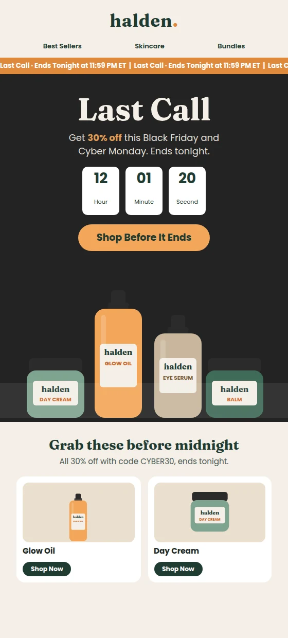 Example last call email with a countdown to the end of the sale