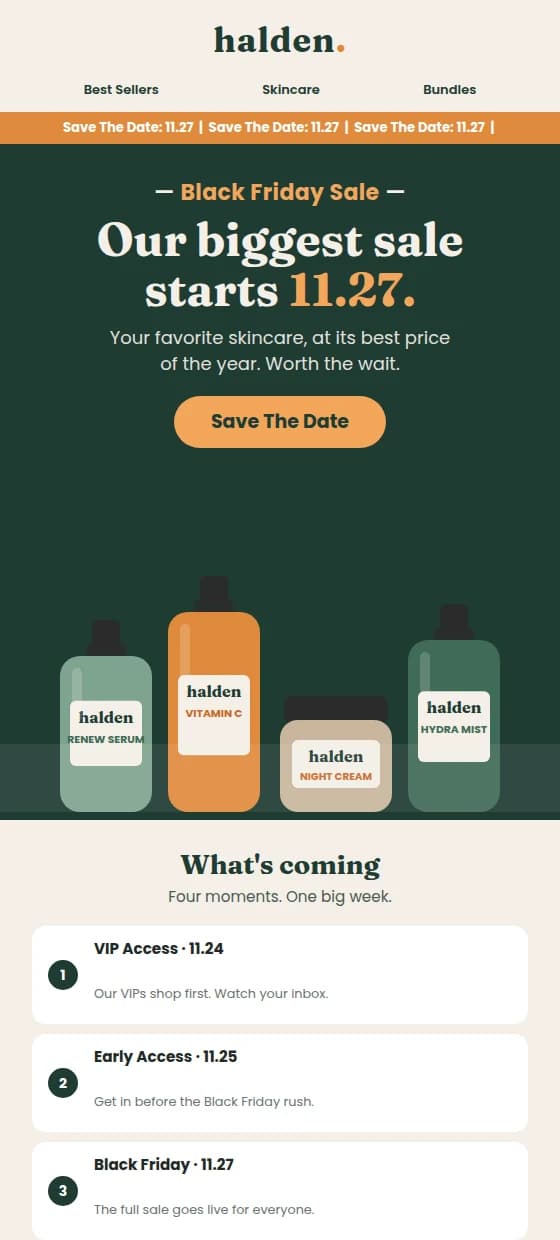 Example save the date email announcing the Black Friday sale, with the dates that follow