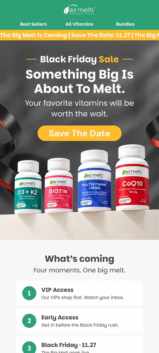 Save the date email announcing the Black Friday sale, with the four dates that follow