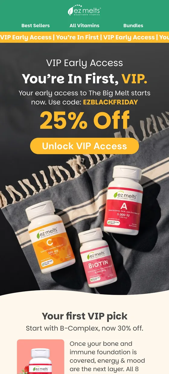 VIP early access email opening the sale to the top segment ahead of everyone else