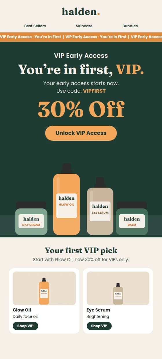 Example VIP early access email opening the sale to the top segment first