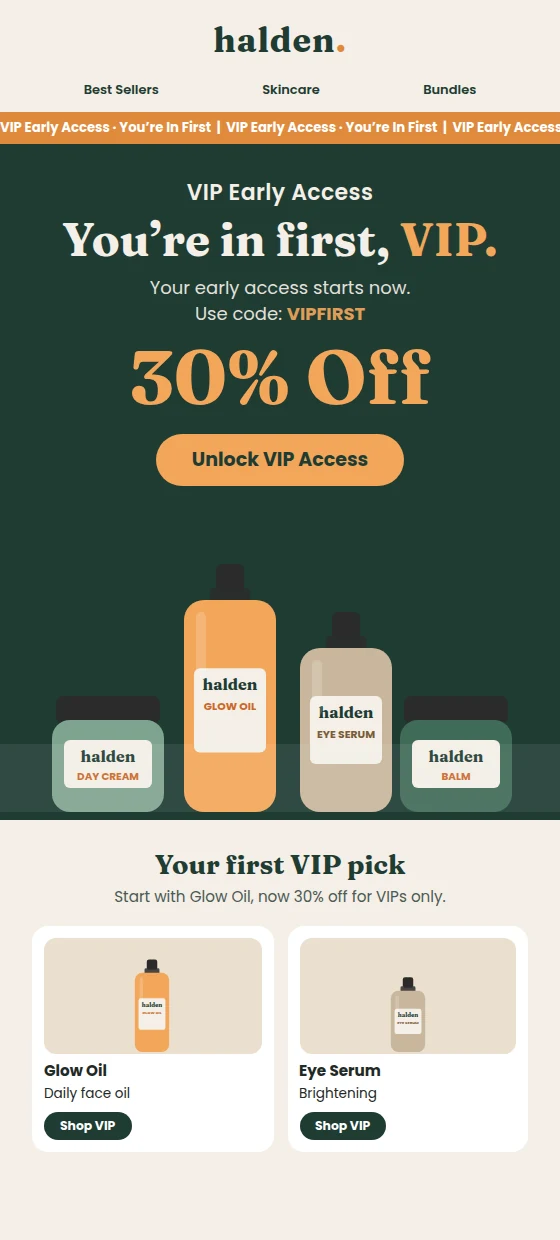 Example VIP early access email: 30% off with a code, sent to the top segment first